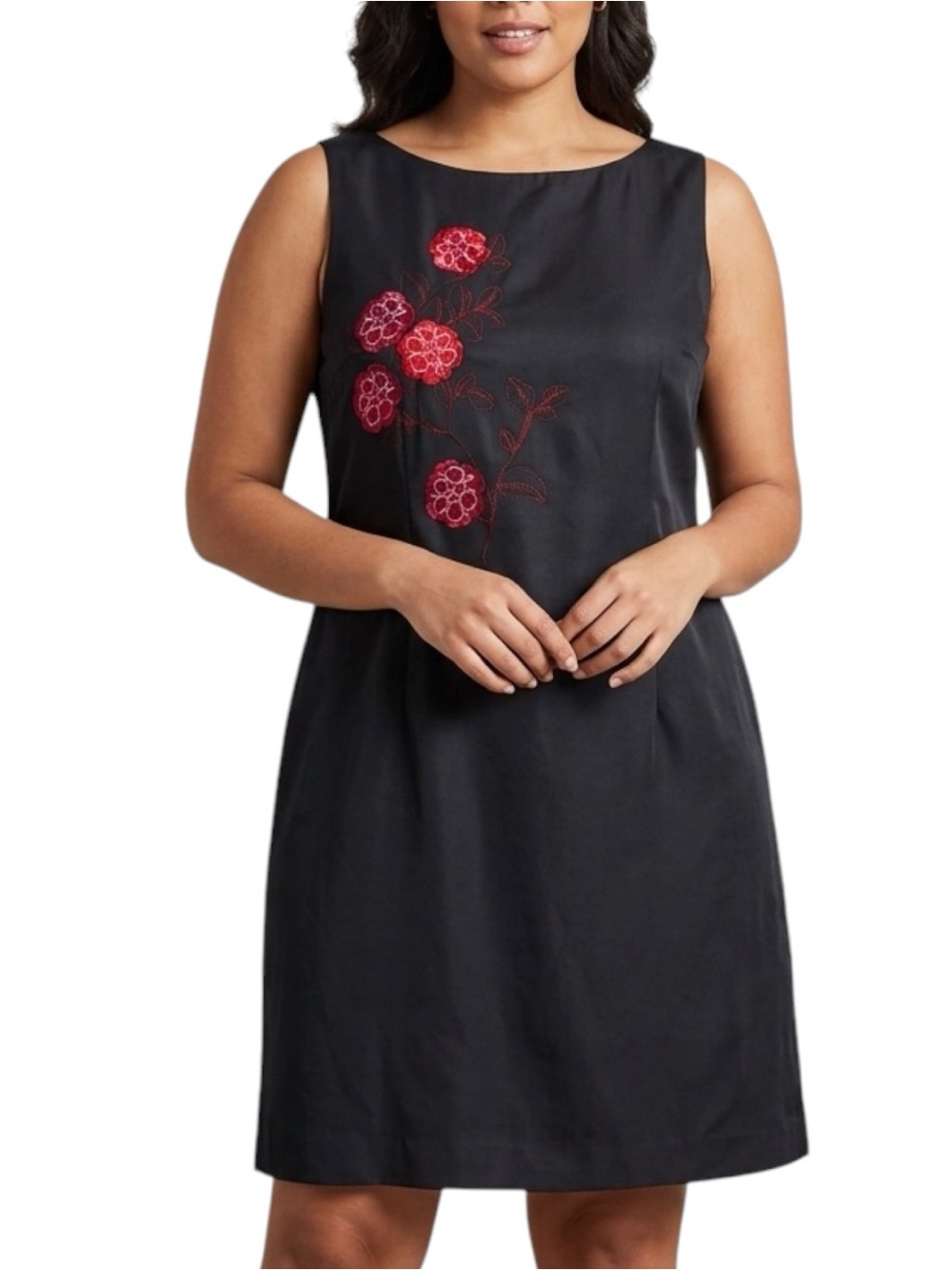 JENNIFER EDEN Sheath Dress sz 16 Black w/ Red Flowers Sleeveless Business Casual
